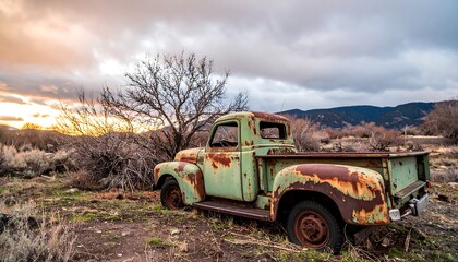 Rusty vintage pickup truck at sunset
