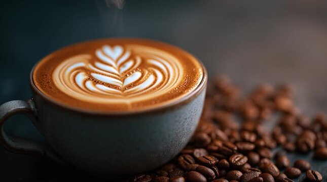 Close up of latte art in a ceramic mug with coffee beans scattered on a dark surface nearby
