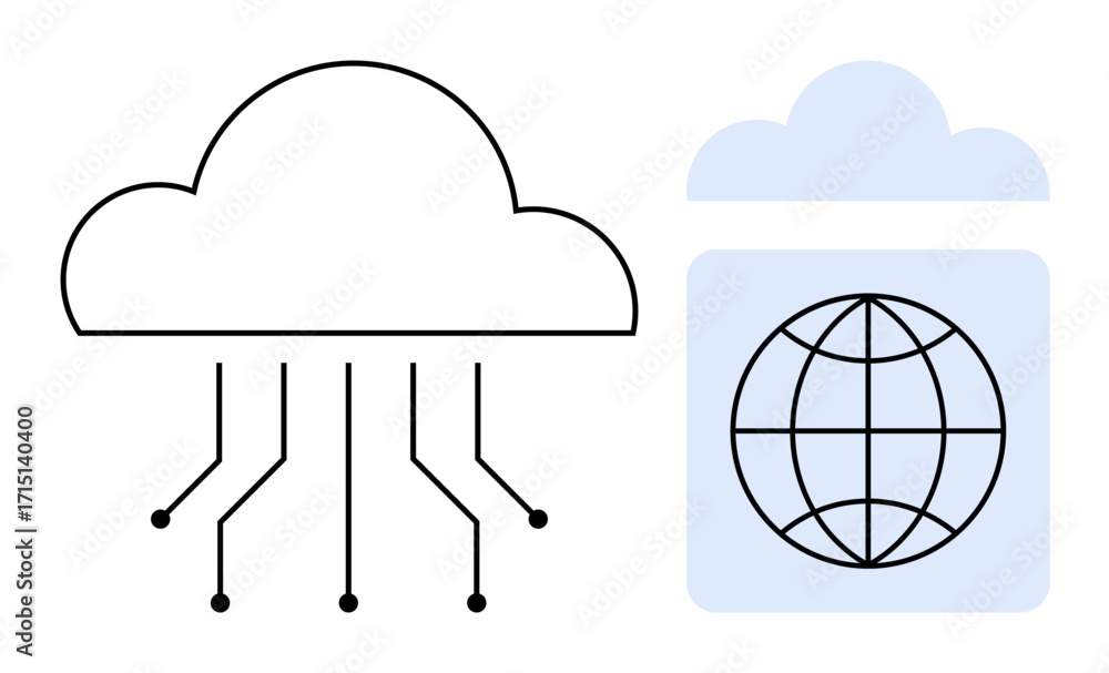 Poster cloud with circuits symbolizing data transfer, globe highlighting global networking. ideal for techn