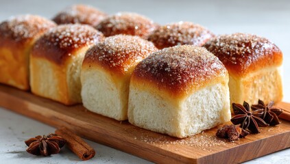Golden-brown, sweet rolls dusted with sugar, arranged on a wooden board with cinnamon sticks and star anise.  Close-up, shallow depth of field