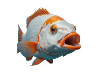 Close-up of a vibrant fish, showcasing a striking mix of white and orange hues.  Its mouth is agape, suggesting a moment of  potential action or surprise. Fin details are clearly visible