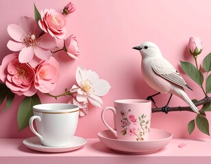 Pink floral arrangement with teacups and bird