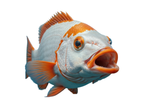 Close-up of a vibrant fish, showcasing a striking mix of white and orange hues.  Its mouth is agape, suggesting a moment of  potential action or surprise. Fin details are clearly visible