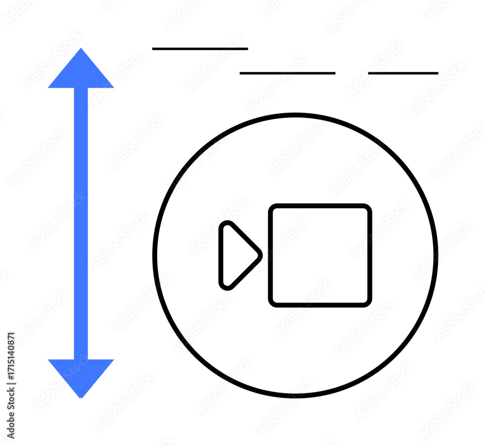 Poster circular video play button with geometric styling alongside vertical blue arrow emphasizing resizing