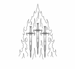 Three swords with flames in line art style vector design