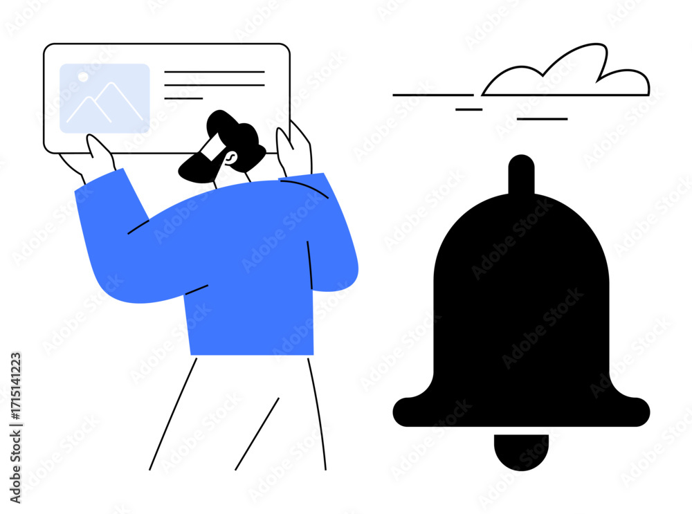 Aufkleber professional engaging with document interface near large alert icon and cloud. ideal for productivit