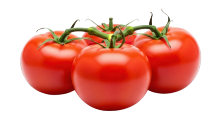 Close-up of four ripe, red tomatoes clustered together, showing stems and leaves