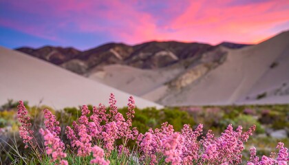 Obraz premium Pink wildflowers bloom in a desert landscape at sunrise. Mountains of pale beige sand rise in the background. Colorful sky