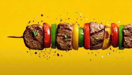 Grilled beef and bell pepper skewers, seasoned with herbs and spices, displayed against a vibrant yellow background with a dynamic, slightly blurred presentation