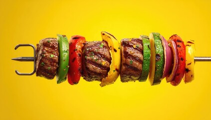 Grilled beef cubes and assorted colorful vegetables, including red and yellow bell peppers, zucchini, and red onion, skewered on a metal stick against a vibrant yellow background