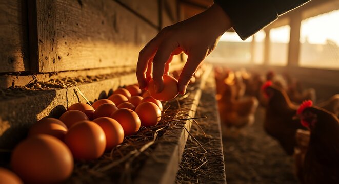 Farmer collecting fresh eggs from a hen house at sunrise, showcasing organic farming practices and natural light