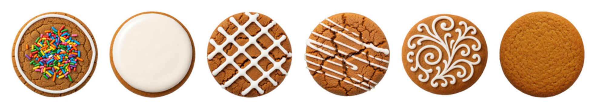 Gingerbread cookie set including sprinkled, frosted, lattice, drizzled, swirled, and plain designs isolated. Sweet holiday dessert collection.