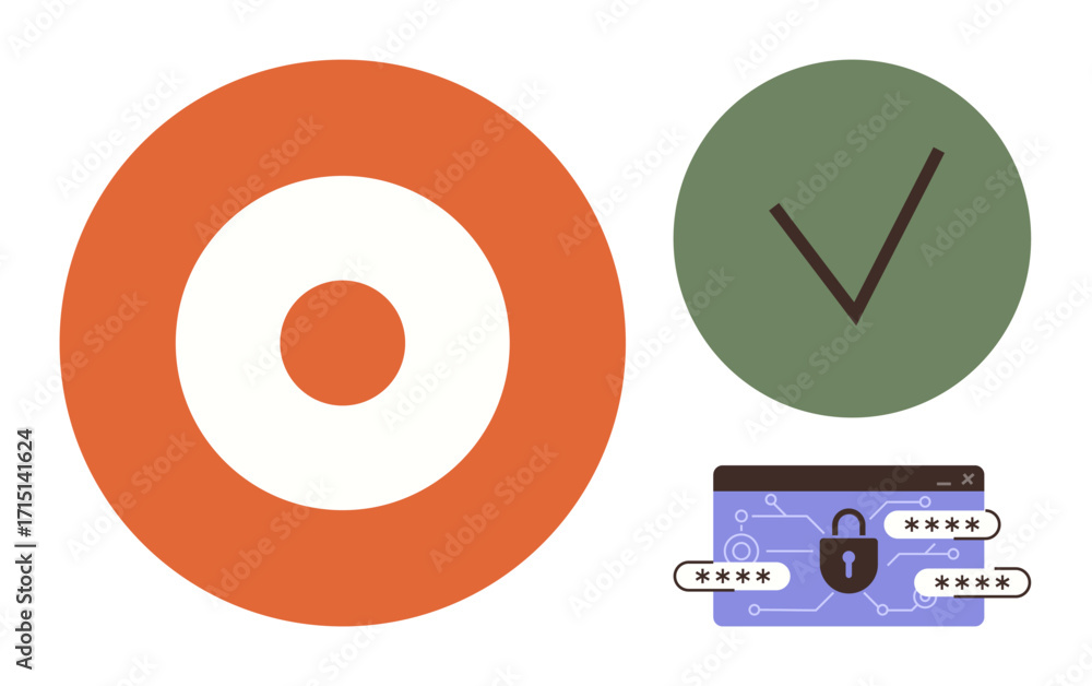 Poster orange target, green checkmark, and secured browser tab with lock and password fields. ideal for sec