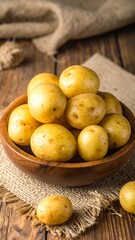 Fresh yellow potatoes in a wooden bowl