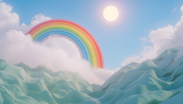 Pastel-toned landscape with a vibrant rainbow, sun, and fluffy clouds above rolling mountains.