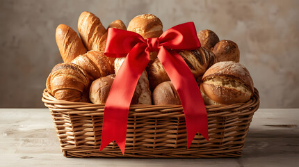A basket filled with assorted breads, including croissants and rolls, tied with a bright red ribbon.