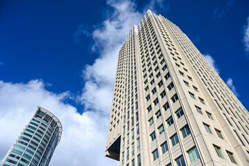 Modern tall skyscrapers in Rotterdam, Netherlands. Modern architecture. A tall building.