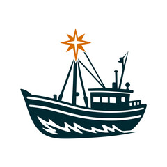 Fishing Boat Silhouette with Guiding Star Icon Nossa Senhora Aparecida Navy blue silhouette of a fishing boat with a star above its mast