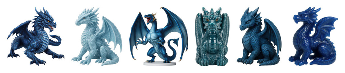 Blue dragon statue set including various poses and shades isolated. Fantasy art and decor collection.