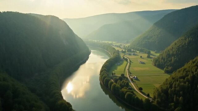 Valley with forests and fields on the banks of the river Rhine in the sun
