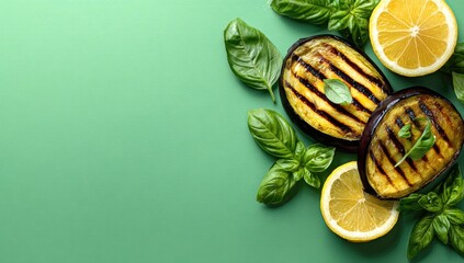 Grilled eggplant halves arranged with lemon slices and basil leaves on a green background, leaving ample copy space