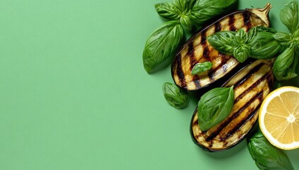 Grilled eggplant halves, fresh basil leaves, and a lemon wedge arranged on a green background, leaving ample copy space
