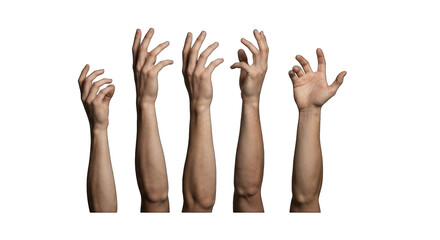 Five outstretched human arms and hands reaching upwards against a black background.  Each hand is in