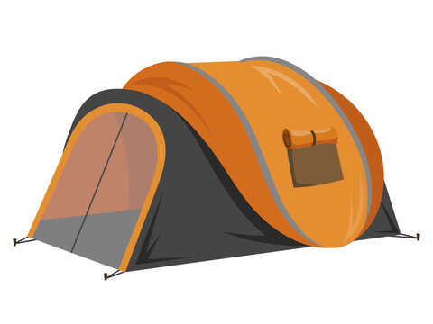Camping tent with orange and gray colors shown in cartoon style on white background. Concept of outdoor adventure gear. Vector illustration