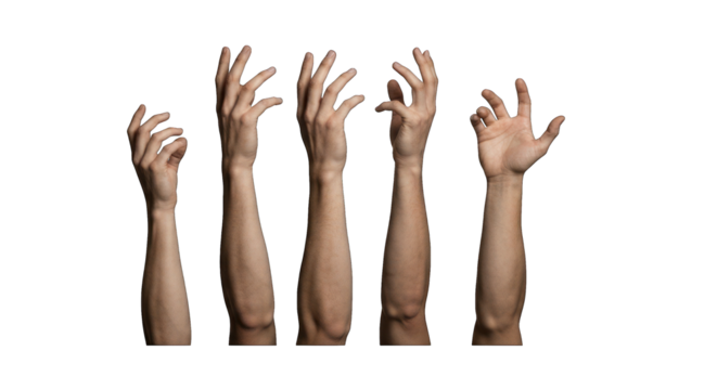 Five outstretched human arms and hands reaching upwards against a black background.  Each hand is in