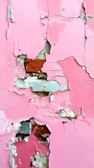 Pink wall with peeling paint revealing bricks