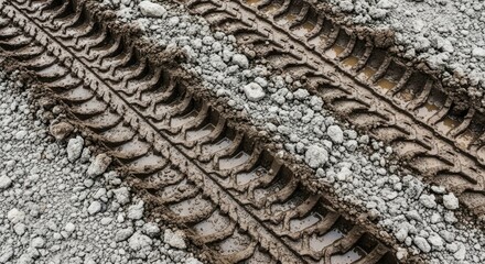 Closeup view of muddy tire tracks on a gravel road surface.