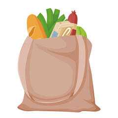 Grocery bag full of assorted food items including bread, sausage, and vegetables in cartoon style on a white background. Concept of shopping. Vector illustration