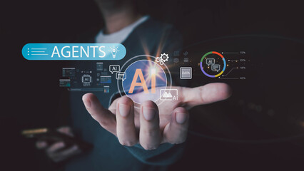 A person holds out their hand, revealing a futuristic AI interface with an 