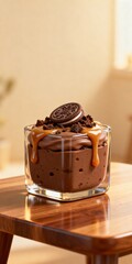 3D art toy parfait in cube glass with chocolate pudding, cookie crumbs, caramel drizzle on wooden table