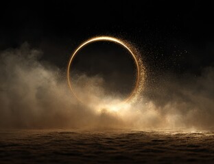 Glowing golden ring suspended in dark, smoky environment, with subtle light emanating from its base and glittering particles dispersing from its upper edge, creating an ethereal and mysterious scene
