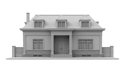 Gray, single-family house, classic style.  Front elevation, 3D model