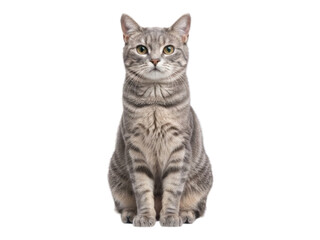 Obraz premium Gray tabby cat seated, centered on black background