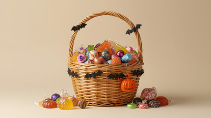 Halloween candy basket overflowing with colorful treats, decorated with bats and a jack-o'-lantern.