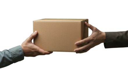 Hands exchanging a cardboard box.  Two hands, one in a light-colored shirt and one in a darker shirt, are seen transferring a light brown cardboard box