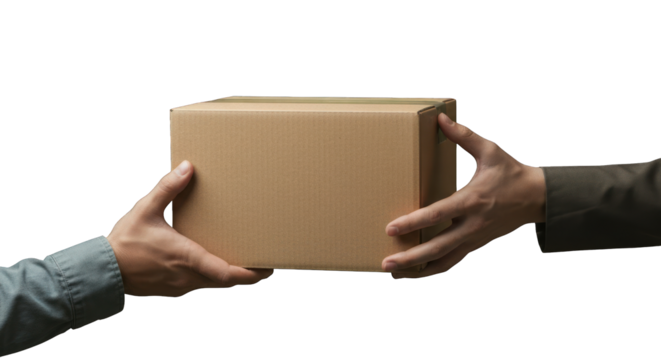 Hands exchanging a cardboard box.  Two hands, one in a light-colored shirt and one in a darker shirt, are seen transferring a light brown cardboard box