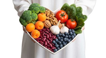 Heart-shaped bowl of various fresh produce held by a person