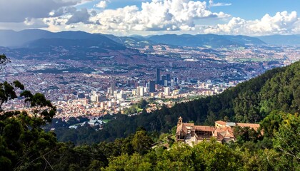 Fototapeta premium High-angle view of a sprawling city nestled in a valley surrounded by mountains