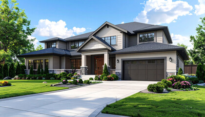 A clean suburban house exterior with a driveway and front yard