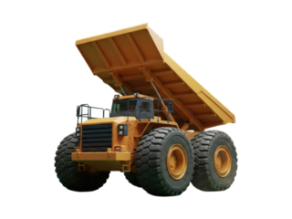 Large, yellow dump truck, angled view