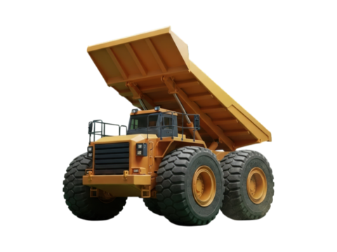 Large, yellow dump truck, angled view