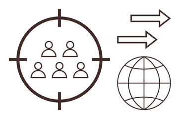 Group inside a target scope, arrows indicating movement, globe symbolizing worldwide outreach. Ideal for marketing, audience targeting, business strategy, global expansion, communication, leadership