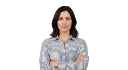 Middle-aged woman with arms crossed, serious expression
