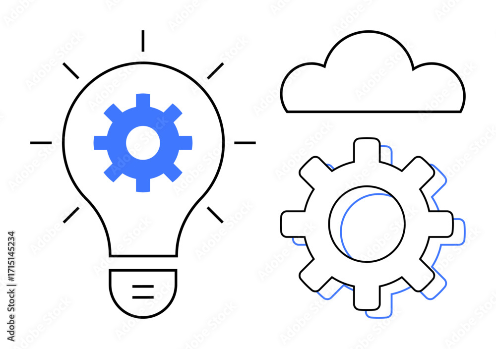 Poster light bulb with inner gear, cloud, and external gear symbolizing innovation, tech development, cloud