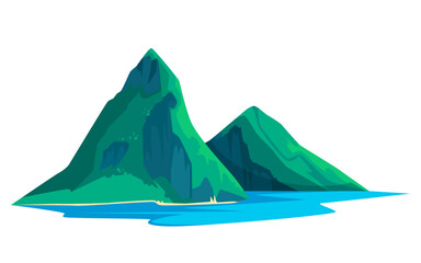 Two lush green mountains beside bright blue water, minimalist flat style on white background. Concept of nature and travel. Vector illustration