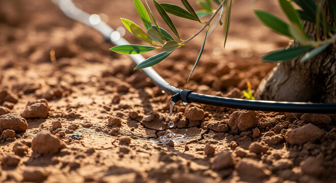 Close up of a sustainable drip irrigation system watering olive tree roots in a sunny Moroccan grove for water conservation